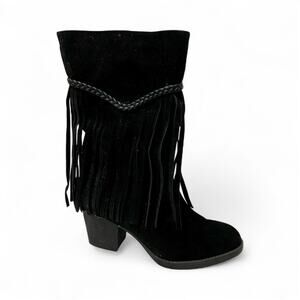 Corkys Sioux Boots Women Size 7 Black Fringe Boho Hippie Faux Suede 2” Heel